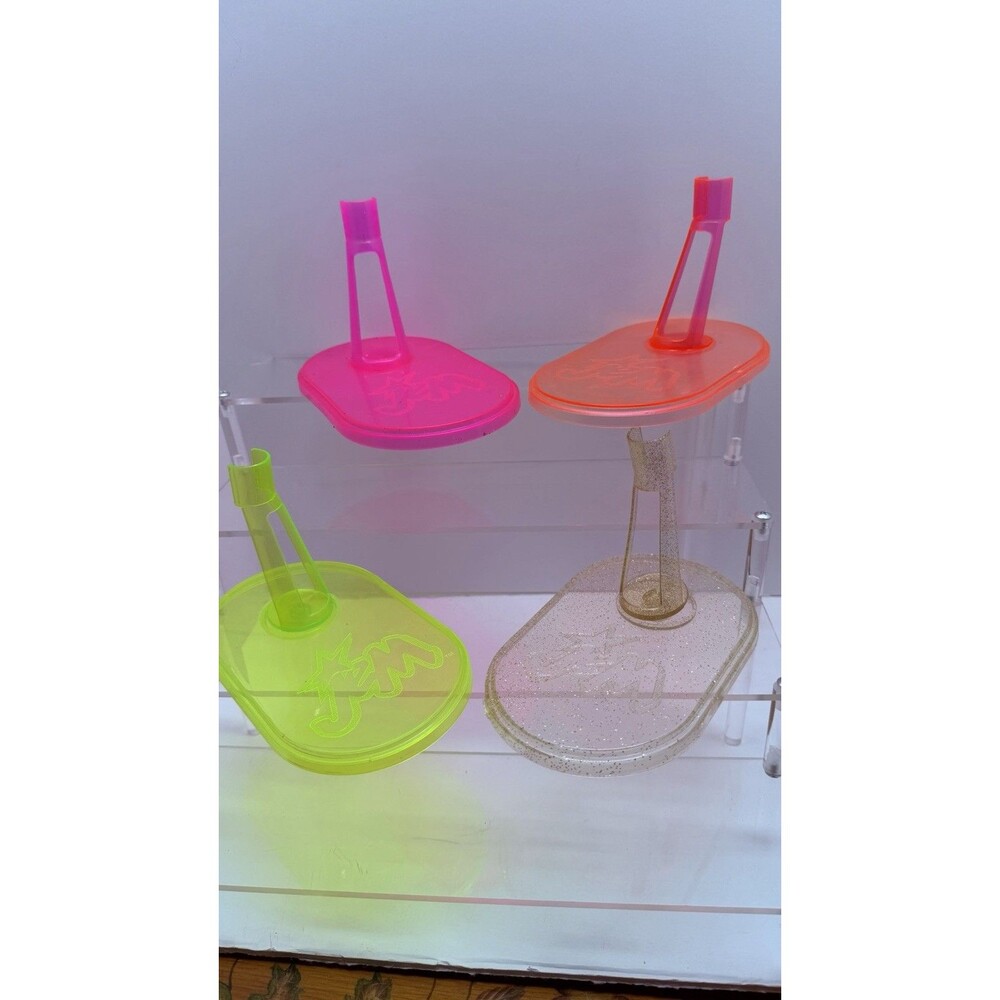 4 Vintage Jem and the Holograms Neon Pink Green Orange & Glitter Doll Stands HTF